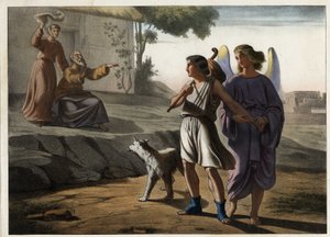 A partida de Tobie acompanhada pelo anjo (seus pais o saúdam, incluindo Tobit, seu pai). Gravura anónima de meados do século XIX. de Unknown artist