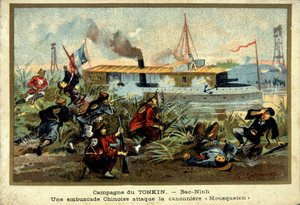 Campanha Tonkin: em Bac-Ninh, uma emboscada chinesa ataca o barco de armas "Mosquetão" - chromo, final do século XIX de Unknown artist