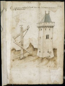 Máquina de medição de torres - Manuscrito: folha de pergaminho de um manual de engenharia para a construção de edifícios civis, religiosos e militares, anónimo, finais do século XV (figura em tinta chinesa) de Unknown artist