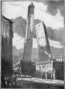 Torres de Bolonha - a torre Asinelli e a menor torre Garisenda - gravada no século XIX de Unknown artist