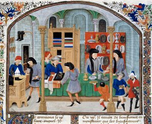 Cenário comercial: comerciantes em uma loja apresentam louça de mesa e prataria para seus clientes. Miniatura retirada de uma edição de "Ética, Política e Economia" do filósofo grego Aristóteles (384-322 a.C.) de Unknown artist