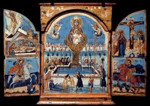 Tríptico da Virgem, fonte de vida Painel central: a Virgem atravessa uma fonte milagrosa de água. À esquerda, a ressurreição e o depoimento. Abaixo de um cavaleiro (São Jorge), derrubando um dragão. À direita, a crucificação e um trocadilho de cavaleiro. de Unknown artist