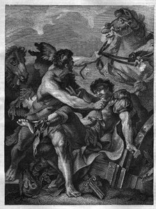 Doze obras de Hércules: Diomede mata por Hércules e come pelos seus próprios cavalos. Gravura após a pintura de Jean-Baptiste-Marie (Jean Baptiste Marie) Peter. (1714-1789) de Unknown artist