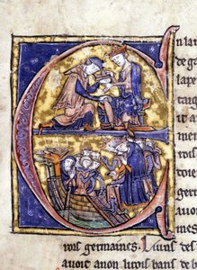 Dois reis da Bretanha: Bans de Berroye (pai de Lancelot) e Boorz de Gaune. Manuscrito: Conquista do Santo Graal, escrito 717 anos após a paixão do nosso senhor. Bibliotheque municipale de Rennes, ms. 255 (Coleção de romances da Távola Redonda); P de Unknown artist