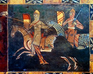 Dois cavaleiros na lateral da malha indo para a batalha Detalhe da decoração de uma caixa de casamento retratando cenas da vida marinha. Século XIV ou XV. Vannes, museu de Vannes de Unknown artist