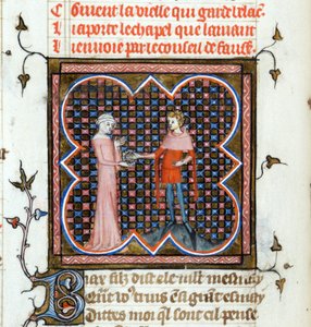 "Um Jovem e uma Mulher Velha" Página iluminada do manuscrito "Le Roman de la Rose" de Guillaume de Lorris (ca. 1200-1238) e Jean de Meun (Meung) (1240-1305) ca. 1353 Suíça Biblioteca Geneve de Unknown artist
