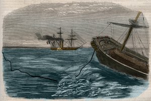 Linhas telegráficas subaquáticas: A colocação de um cabo submarino (submarino) Gravação de 1857. de Unknown artist