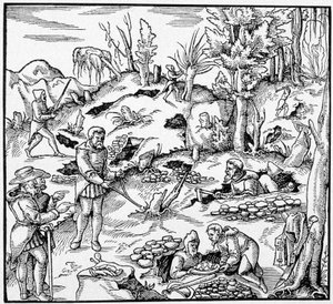 Uso do balde mágico para procurar os tesouros da terra - em "O Livro das Minas" de Agricola de Unknown artist