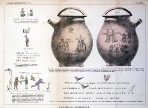 Várias ilustrações e inscrições deixadas por criminosos em vasos de cerâmica: estudo de Cesare Lombroso (1835-1909), criminólogo italiano em "O homem criminoso" (L