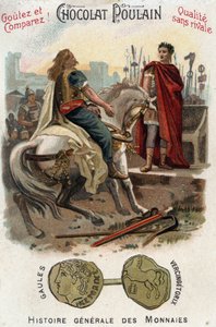 Vercingetorix (72-46 AC), líder da rebelião Gálica, depõe armas aos pés de César (100-44 AC), depois de perder definitivamente a cidade de Alesia - Na História Geral das Moedas - Cromolitografia Chocolate-Foal do final do século XIX - Col de Unknown artist