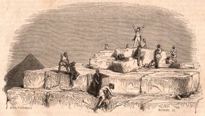 Vista do topo da Grande Pirâmide de Khufu: um grupo de europeus que chegam ao cume ajudado por egípcios de Unknown