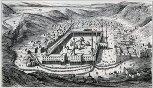 Vista de Meca e da sua grande mesquita na época da visita dos peregrinos - gravura do século XIX de Unknown artist
