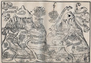 Vista do Monte Sibille (Paraíso da Rainha Sybille) (Mapa duplo do Monte Pilate e do Monte Sibyl) - Antoine de La Sale (La Salle) escritor satírico francês do século XV. de Unknown artist