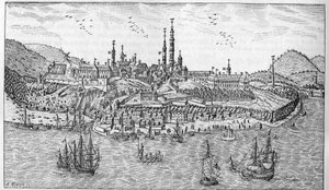 Vista da cidade de Quebec no Canadá (final do século 17): A. Jardin du fort. B. O forte. C. O armazém de pó. D. Os recoletos. E. Ursulines. F. Os jesuítas. G. A catedral. H. O seminário. I. O Hotel Dieu. L. O Hospital Geral. Mr. L