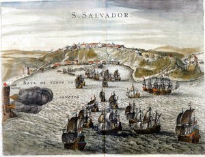 Vista de Salvador, anteriormente conhecida como Bahia, capital do Brasil em 1549, quando foi fundada - Gravura do século XVI de Unknown artist
