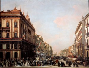 Vista da rua Venezia com carro alegórico de carnaval, Milão (pintura de Unknown artist