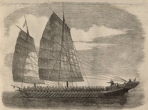 Vista de um navio pirata chinês em Cantão. Gravação no "The Illustrated London News" de 31 de Janeiro de Unknown artist