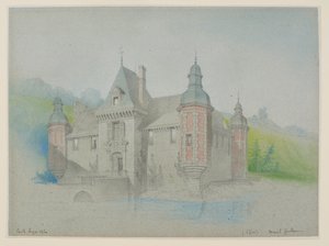 Vista de um castelo sobre um rio de Unknown artist