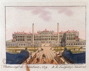 Vista do Castelo Imperial de Schonbrunn (Schonbrun) (séc. XVI-17) perto de Viena, Áustria Gravura de 1815 Colecção privada de Unknown artist