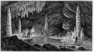 Vista da caverna Reclere na Suíça. Gravura em "La Nature. Revue des sciences et de ses applications aux arts et a l