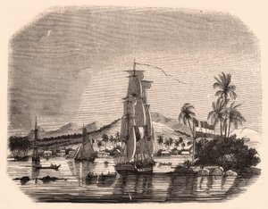 Vista, de, a, baía, Papeete, e, bloco, rainha, tahiti, polynesia francês, e, em, a, primeiro plano, veleiros, e, barcos de Unknown