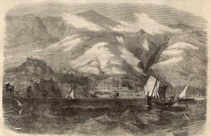 Vista da cidade do Funchal na ilha da Madere (Madeira) em Portugal. Gravura em "The Illustrated London News" de 29 de Fevereiro de Unknown artist