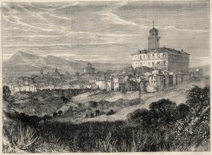 Vista da cidade de Monterotondo (Monte Rotondo, Monte-Rotondo) na Itália. Gravura em "L