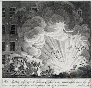 Vista da explosão da máquina infernal da rue Saint Nicaise, em Paris, no 3º nivose e IX. A conspiração da máquina infernal é uma conspiração para matar Napoleão Bonaparte, o novo Primeiro Cônsul após o golpe de Estado de 18 Brumaire. Um em de Unknown artist