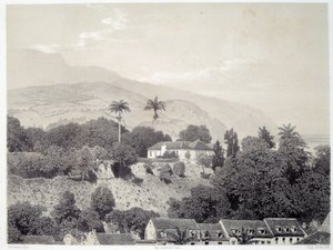 Vista das casas tomadas da Boulevard de la Comedie em Saint Pierre, na Martinica, nas Antilhas. Impressão após fotografia do final do século XIX Chartres musee des Beaux Arts de Unknown artist