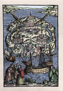 Vista da ilha de Utopia (Utopia) do livro de Thomas More (1478-1535), "De optmo republicae statu deque nova insula Utopia". Gravado por Johann Froben. 1518. de Unknown artist