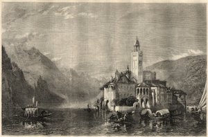 Vista do mosteiro Mater Ecclesiae na ilha de Saint Jules (San Giulio) no Lago Orta (Lago Cusio), na Itália. Gravura depois de uma pintura de William Collingwood Smith (1815-1887). Em "The Illustrated London News" de 22 de março de Unknown artist