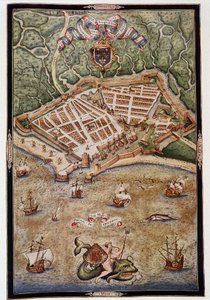 Vista do porto de Le Havre em 1583 - de um manuscrito iluminado de Jacques Delvaux, piloto da Marinha, dedicado ao Almirante de Joyeuse de Unknown artist