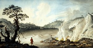 Vista do solfatare, terreno vulcânico que emana de fumos quentes e gases sulfurosos. Pozzuoli, perto de Nápoles. Século XIX. de Unknown artist