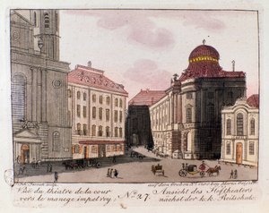 Vista do teatro e do pátio em direcção ao maneio imperial em Viena, Áustria. Gravura a partir de 1815 Coleção Privada de Unknown artist