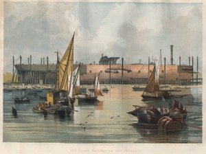 Vista do transatlântico "Great Eastern" (Leviatã) em construção no Estaleiro do Tamisa, em Londres. Gravura em "The London News", de 7 de Novembro de 1857, ilustrado. de Unknown artist