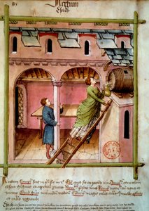 Vinagre: uma jovem enche um jarro. Iluminação a partir da ordenha de medicamentos e dietética "Tacuinum sanitatis". de Unknown artist