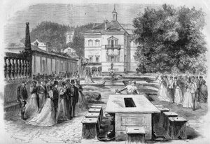 Visita do Imperador Francisco José (1830-1916) e Imprimir Isabel da Áustria (Sissi) (1837-1898) com Eugenia (1826-1920), Imprimir dos franceses e Napoleão III à residência imperial de Hellbrunn, na Áustria, em 21 de agosto de Unknown artist