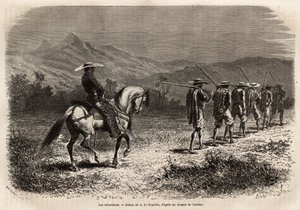 Voluntários a caminho de Cali, uma longa fila de homens com as mãos atadas atrás das costas, ligados por uma corda uns aos outros, uma corda segurada por um soldado a cavalo, que os leva a um campo de treino militar. Gravura para ilustrar a viagem a New Gr de Unknown artist