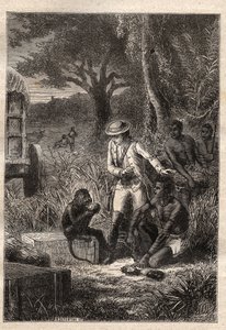 Voyage dans la Caffrerie (África do Sul) (1781) por François Levaillant (Le Vaillant) (1753-1824): Levaillant e seu macaco degustador Maitre Kees, que prova os frutos e raízes para verificar se são comestíveis - ilustração tirada de "Les Gra de Unknown artist