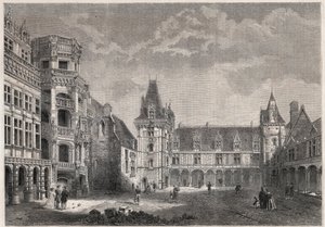 Vista exterior do castelo de Blois com a monumental escadaria - Gravura no "Le Monde Illustrie de Unknown artist