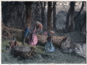Os caminhantes tentam calcular a idade de um carvalho morto, estudando a variedade da árvore. Gravura no final do século XIX. de Unknown artist