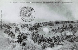 Guerra de 1870: Artilharia bávara tomando posição a partir das alturas do Marfe nas Ardenas em 01/09/1870. Gravura a partir de 1870 de Unknown artist