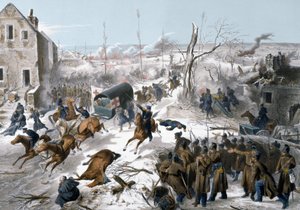Guerra de 1870 entre a França e a Prússia: Cruz Vermelha durante a Batalha de Bapaume no Pas de Calais em 2 e 3/01/1871 que viu a vitória do exército do Norte liderado pelo General Faidherbe contra os prussianos de Unknown artist