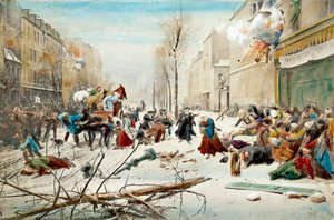Guerra de 1870: o cerco de Paris em 1870, bombardeamento pelos prussianos. Os habitantes de Paris deixam as áreas bombardeadas sob a neve. A aguarela do século XIX. Paris, Musee de l