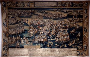 Guerra das Religiões: "A Batalha de Jarnac, morte de Luís I de Bourbon, Príncipe de Conde (Bourbon-Conde) (1530-1569)" Opõe-se a 13/03/1569 o exército protestante do Príncipe de Conde ao do Rei de França, comandado pelo Duque de Anjou. Tapeçaria de Unknown artist