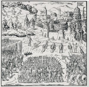 Guerra das Religiões: A cidade de Nîmes sitiada pela Armee do Rei (Henrique III) em 1576 - em "Coleção de 39 figuras representando as calamidades da França de 1562 a 1586", Louis Perrin imprim. de Unknown artist