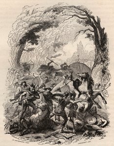 Guerra dos Gauleses: Batalha de Aduatuca entre o povo belga dos Eburons e o exército romano. Derrotou Quintus Titurius Sabinus e Lucius Aurunculeius Cotta em 54 AC. Gravura de 1868 no "Histoire de Belgique" desde os tempos primitivos até ao fim do de Unknown artist