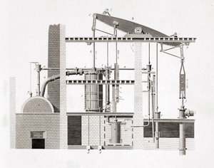 Máquina a vapor Watt. Esquema. Gravura do século XIX de Unknown artist