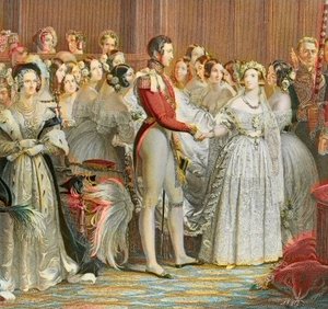 Casamento da Rainha Vitória com o Príncipe Alberto da Saxônia Cobourg Gotha no Palácio Saint James em Londres 10 de fevereiro de 1840 (gravura) de Unknown artist