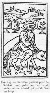 Bruxa que parte para o Sábado não numa vassoura, mas num animal que parece ser um lobo. de Unknown artist